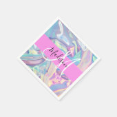 ピンクガーリーのホログラフィック虹色モノグラム名 スタンダードカクテルナプキン (角)