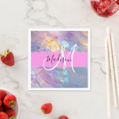 ピンクガーリーのホログラフィック虹色モノグラム名 スタンダードカクテルナプキン (インサイチュ)