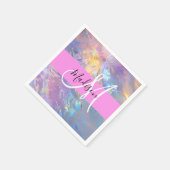 ピンクガーリーのホログラフィック虹色モノグラム名 スタンダードカクテルナプキン (角)