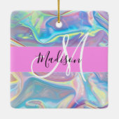 ピンクガーリーのホログラフィック虹色モノグラム名 セラミックオーナメント (裏面)