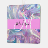 ピンクガーリーのホログラフィック虹色モノグラム名 セラミックオーナメント (左)