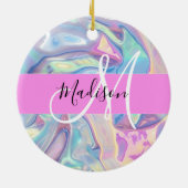ピンクガーリーのホログラフィック虹色モノグラム名 セラミックオーナメント (裏面)