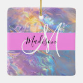 ピンクガーリーのホログラフィック虹色モノグラム名 セラミックオーナメント (裏面)