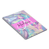 ピンクガーリーのホログラフィック虹色モノグラム名 ノートブック (右側)