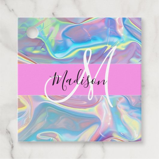 ピンクガーリーのホログラフィック虹色モノグラム名 フェイバータグ (正面)