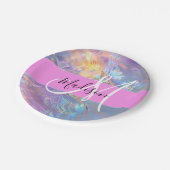 ピンクガーリーのホログラフィック虹色モノグラム名 ペーパープレート (アングル)