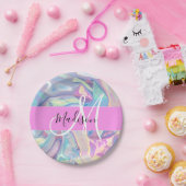 ピンクガーリーのホログラフィック虹色モノグラム名 ペーパープレート (パーティー)