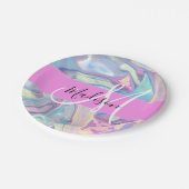 ピンクガーリーのホログラフィック虹色モノグラム名 ペーパープレート (アングル)
