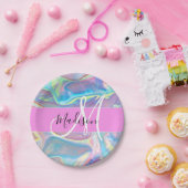 ピンクガーリーのホログラフィック虹色モノグラム名 ペーパープレート (パーティー)