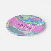 ピンクガーリーのホログラフィック虹色モノグラム名 ペーパープレート (アングル)