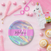 ピンクガーリーのホログラフィック虹色モノグラム名 ペーパープレート (パーティー)