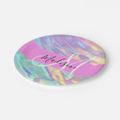 ピンクガーリーのホログラフィック虹色モノグラム名 ペーパープレート (アングル)