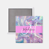 ピンクガーリーのホログラフィック虹色モノグラム名 マグネット (正面/裏面)