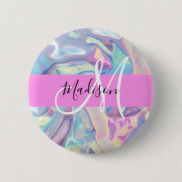 ピンクガーリーのホログラフィック虹色モノグラム名 缶バッジ