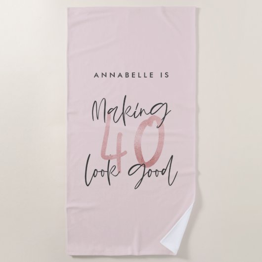 ピンクガーリーのモダングリッター40歳の誕生日 ビーチタオル (正面)