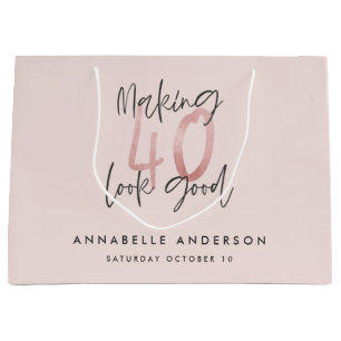 ピンクガーリーのモダングリッター40歳の誕生日 ラージペーパーバッグ