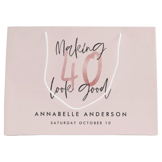 ピンクガーリーのモダングリッター40歳の誕生日 ラージペーパーバッグ (正面)