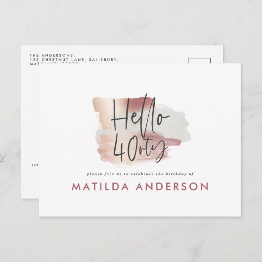 ピンクガーリーのローズ金ゴールドモダン40歳の誕生日 インビテーションポストカード (正面/裏面)
