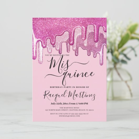 ピンクガーリーの厚いグリッタードリップフォトミスマンス 招待状 (スタンド正面)