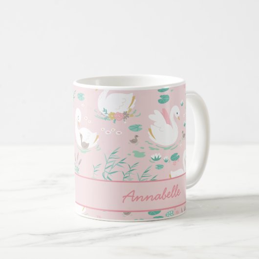 ピンクガーリーの可愛い白鳥のフローラが美エレガントしい コーヒーマグカップ (正面右)