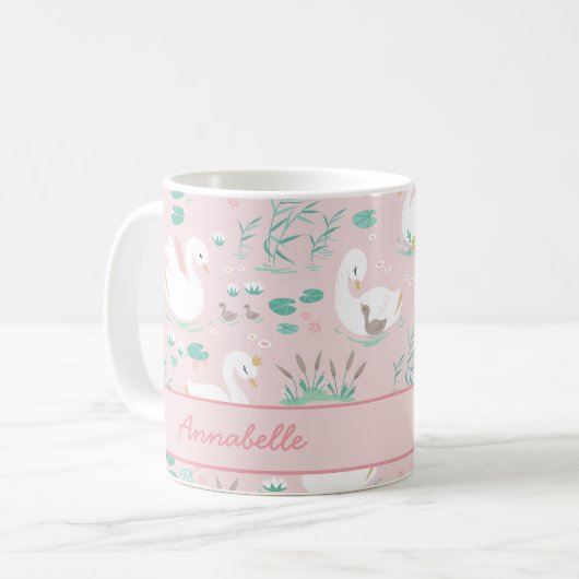 ピンクガーリーの可愛い白鳥のフローラが美エレガントしい コーヒーマグカップ (正面左)