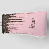 ピンクガーリーの女子きらきら光るブラックスクリプトグリッター名 ゴルフヘッドカバー (正面)