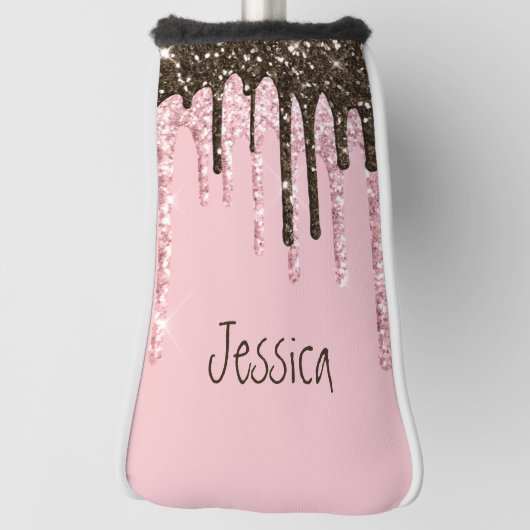 ピンクガーリーの女子きらきら光るブラックスクリプトグリッター名 ゴルフヘッドカバー (回転90)