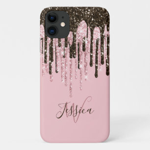 ピンクガーリーの女子きらきら光るブラックスクリプト名 iPhone 11 ケース