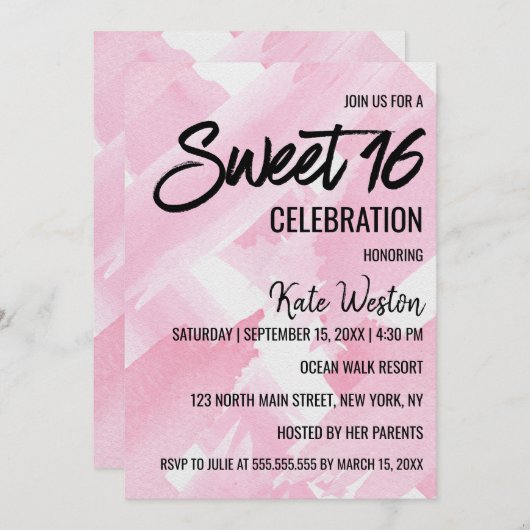 ピンクガーリーの巨大な水の色のブラシストローク甘い16 招待状 (正面/裏面)