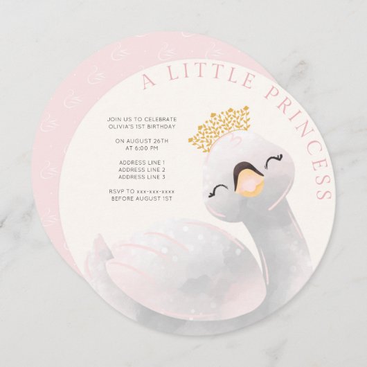 ピンクガーリーの年齢の白鳥の少女の誕生日 招待状 (正面/裏面)