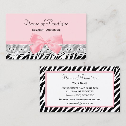 ピンクガーリーの弓とレースゼブラプリントブティック 名刺 (正面/裏面)