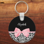 ピンクガーリーの弓と名前を持つヒョウ柄 キーホルダー (正面)