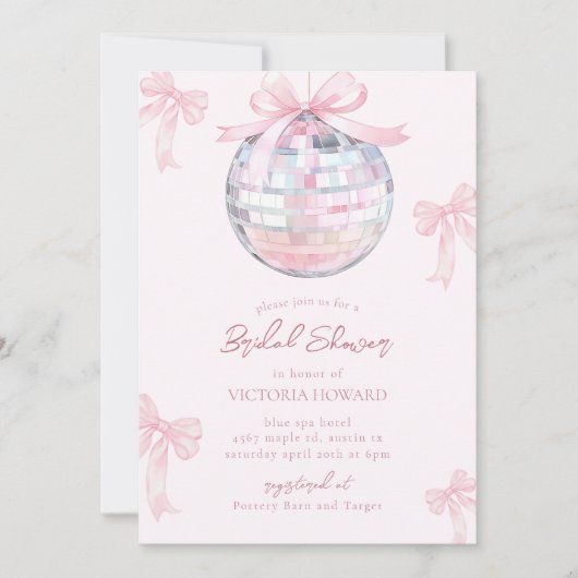 ピンクガーリーの弓シャイニーディスコボールブライダルシャワー 招待状 (正面)