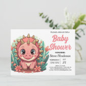 ピンクガーリーの恐竜の女の子の赤ちゃんシャワー 招待状 (スタンド正面)