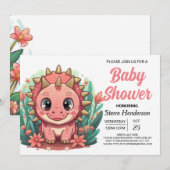 ピンクガーリーの恐竜の女の子の赤ちゃんシャワー 招待状 (正面/裏面)