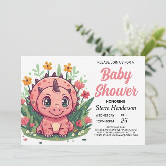 ピンクガーリーの恐竜の女の子の赤ちゃんシャワー 招待状 (スタンド正面)