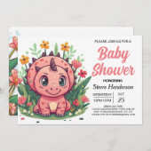 ピンクガーリーの恐竜の女の子の赤ちゃんシャワー 招待状 (正面/裏面)