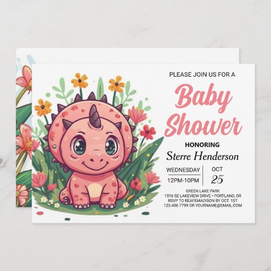ピンクガーリーの恐竜の女の子の赤ちゃんシャワー 招待状 (正面/裏面)