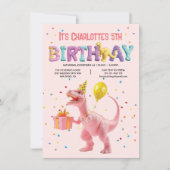 ピンクガーリーの恐竜の誕生日パーティー 招待状 (正面)