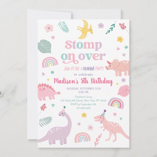ピンクガーリーの恐竜誕生日 招待状 (正面)