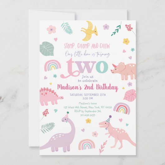 ピンクガーリーの恐竜2回目の誕生日 招待状 (正面)