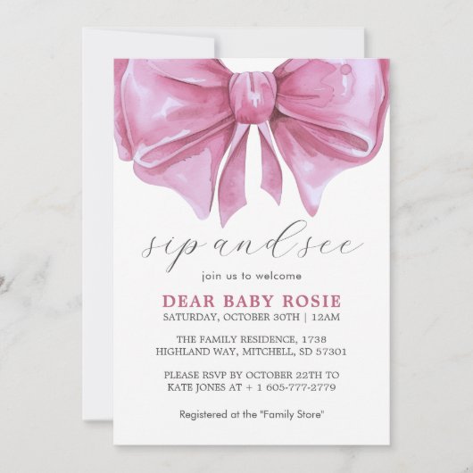 ピンクガーリーの水の色の弓の赤ちゃんシャワーsipと参照 招待状 (正面)