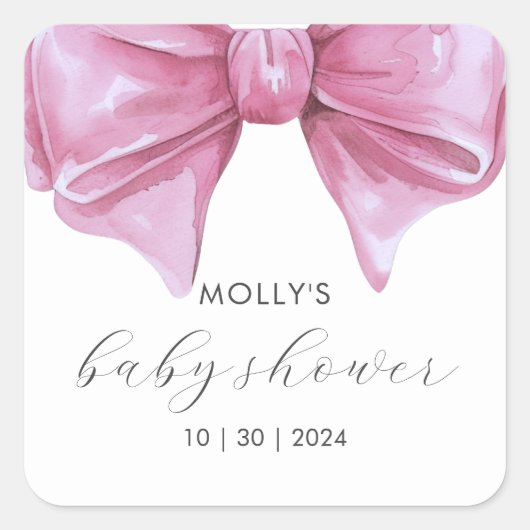 ピンクガーリーの水の色の弓ベビーシャワー スクエアシール (正面)