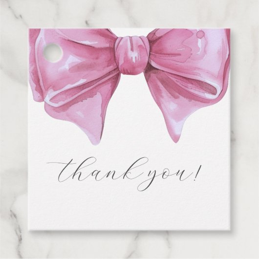 ピンクガーリーの水の色の弓ベビーシャワー フェイバータグ (正面)