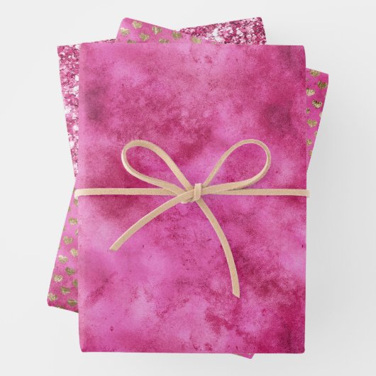 ピンクガーリーの水カラー金ゴールドハートグリッター ラッピングペーパーシート (インサイチュ)