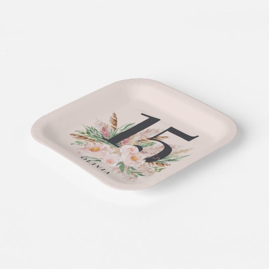 ピンクガーリーの水彩フローラの生誕エレガント生日 ペーパープレート (傾斜あり)