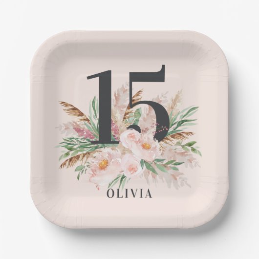 ピンクガーリーの水彩フローラの生誕エレガント生日 ペーパープレート (正面)