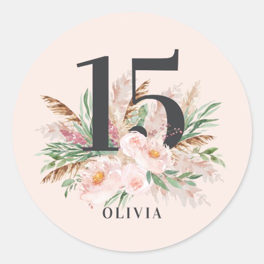 ピンクガーリーの水彩フローラの生誕エレガント生日 ラウンドシール (正面)