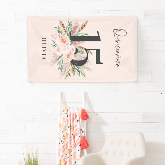 ピンクガーリーの水彩フローラの生誕エレガント生日 横断幕 (インサイチュ)