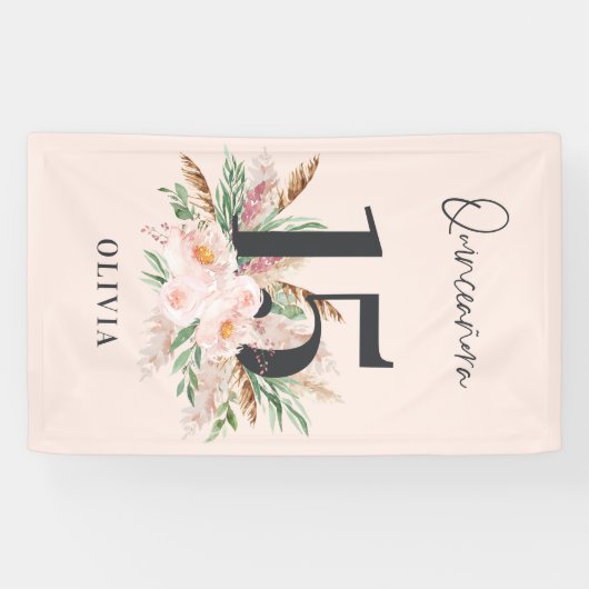 ピンクガーリーの水彩フローラの生誕エレガント生日 横断幕 (横)